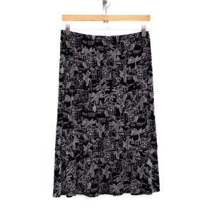 Chico's‎ Sz 1 M/8 Miami Deco Print Midi Skirt Slinky Elastic Waist Pull On Black